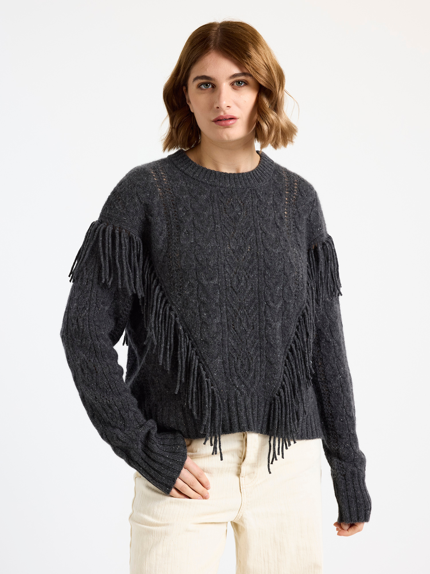 Cable Fringed Cashmere Crew Neck Jumper
