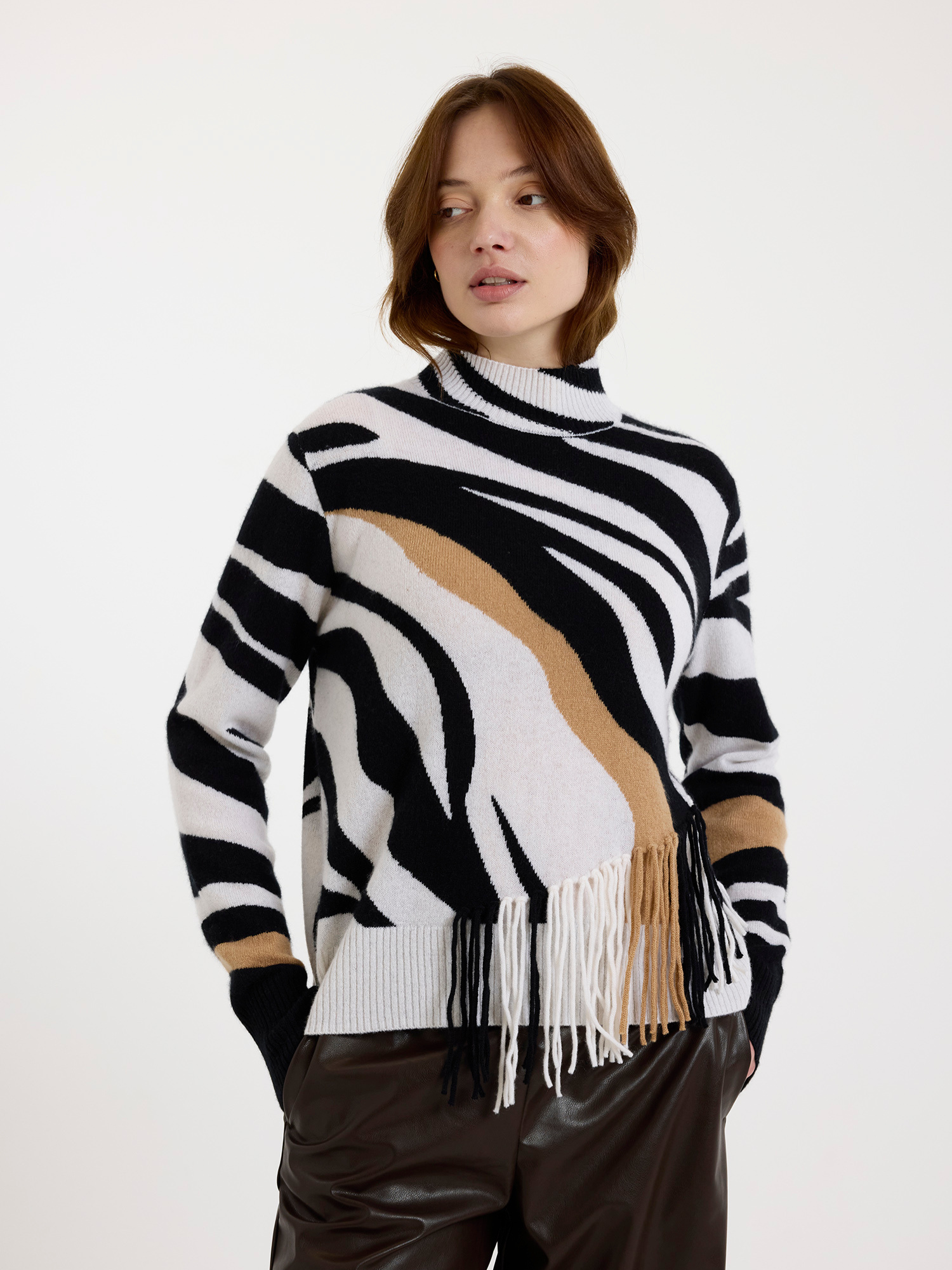 Zebra Fringe Cashmere Mock Neck Jumper