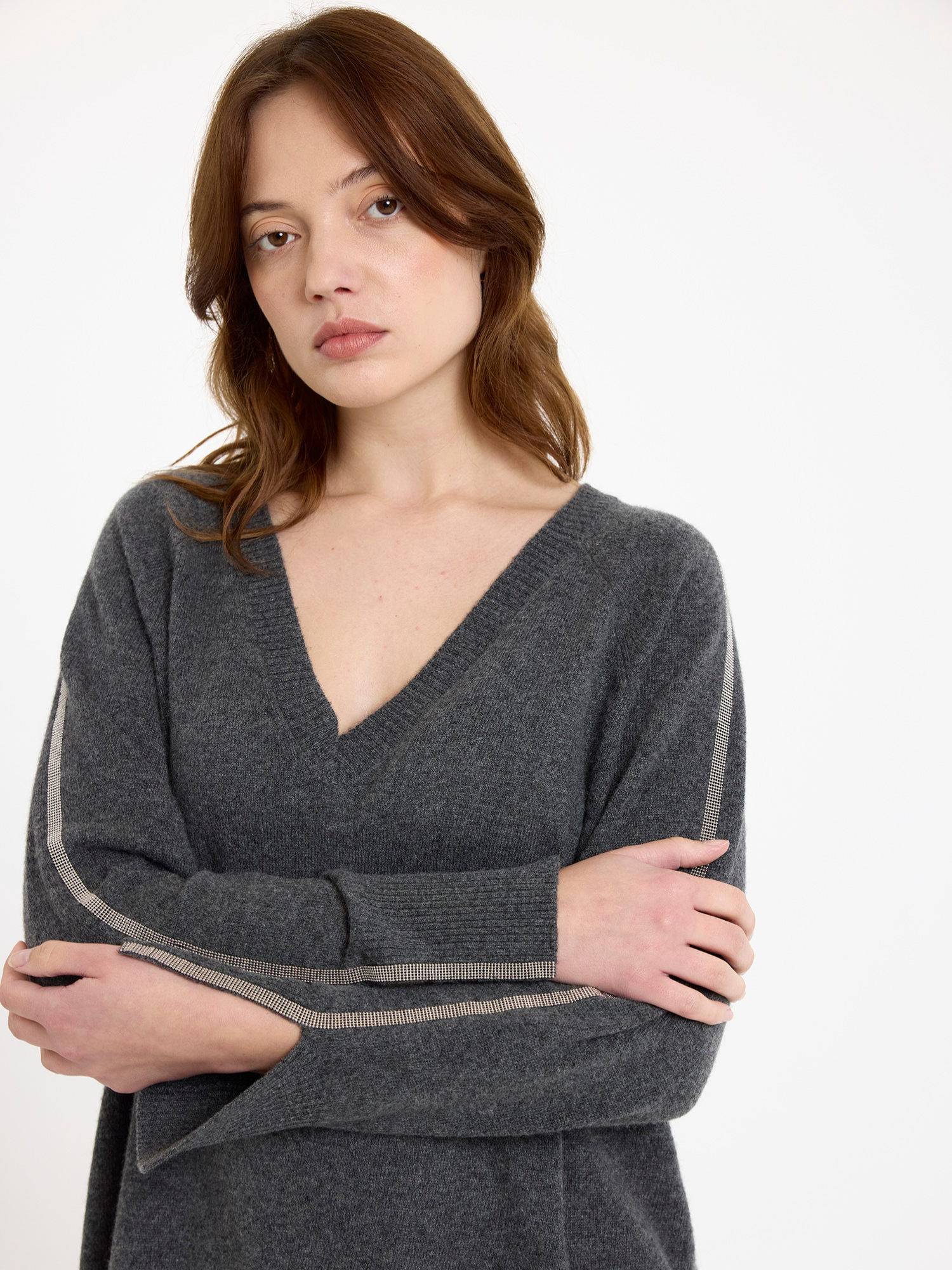 Glitz Split Cuff Relaxed Cashmere V Neck Jumper